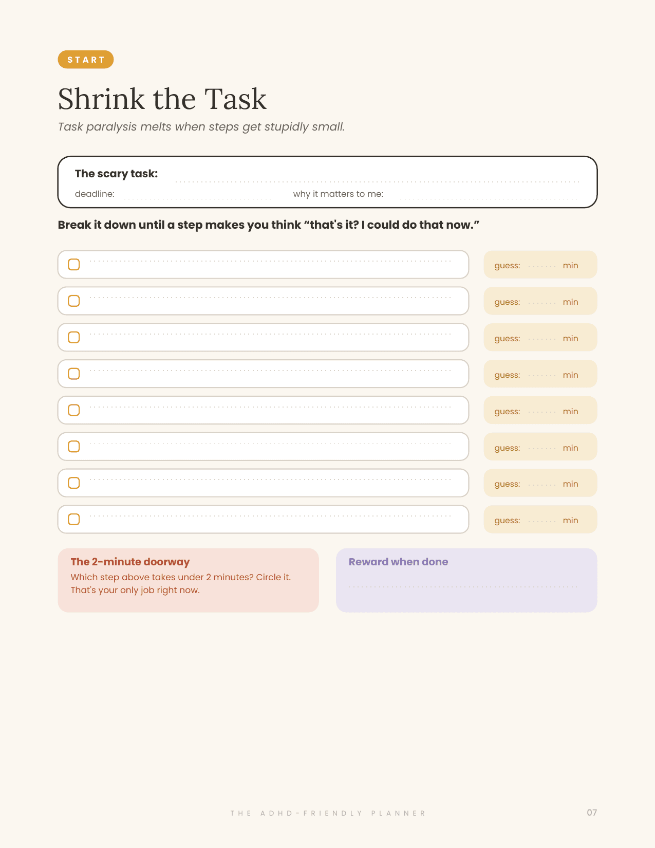 Shrink the Task — an actual page from the MindTidy ADHD planner