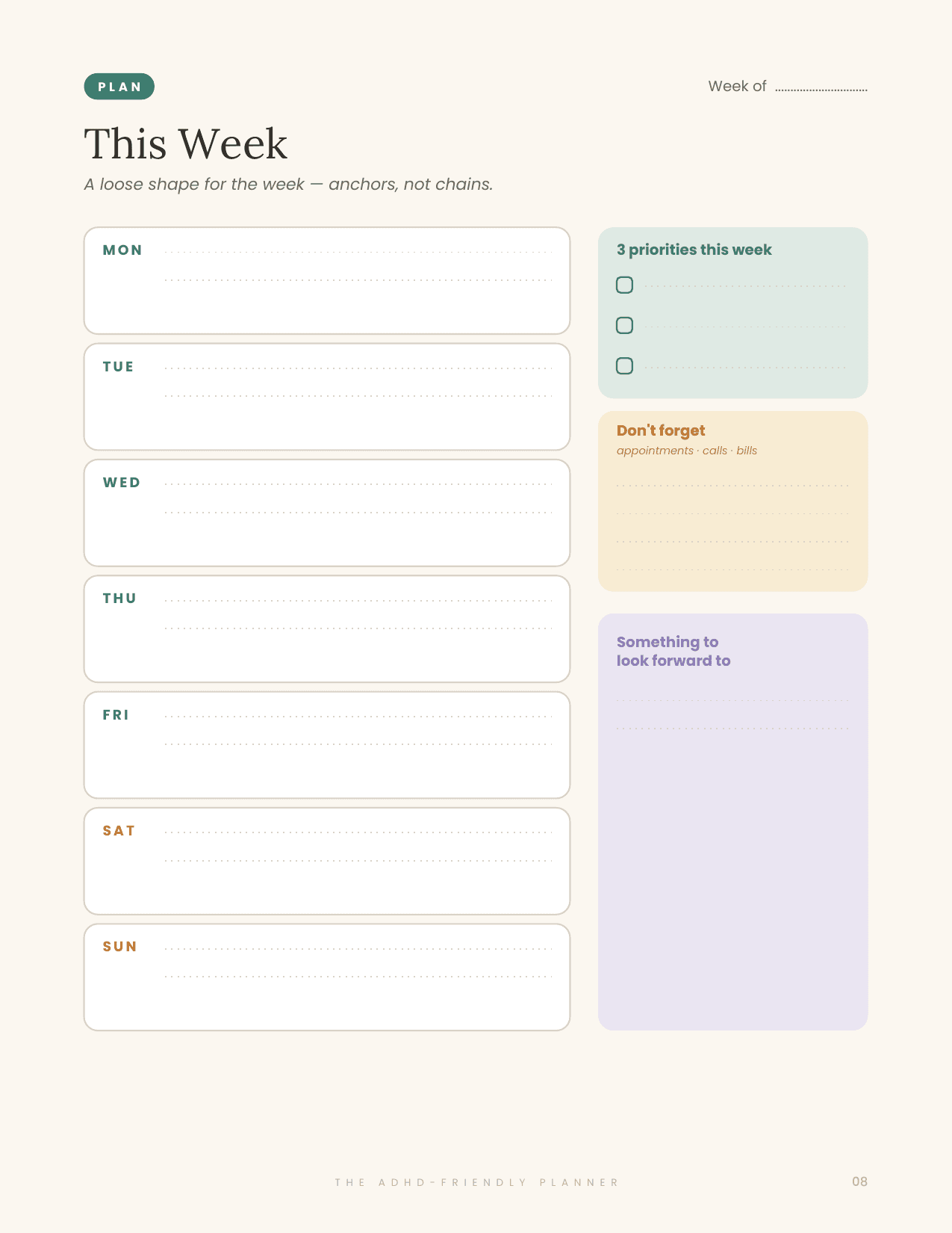 Weekly overview — an actual page from the MindTidy ADHD planner