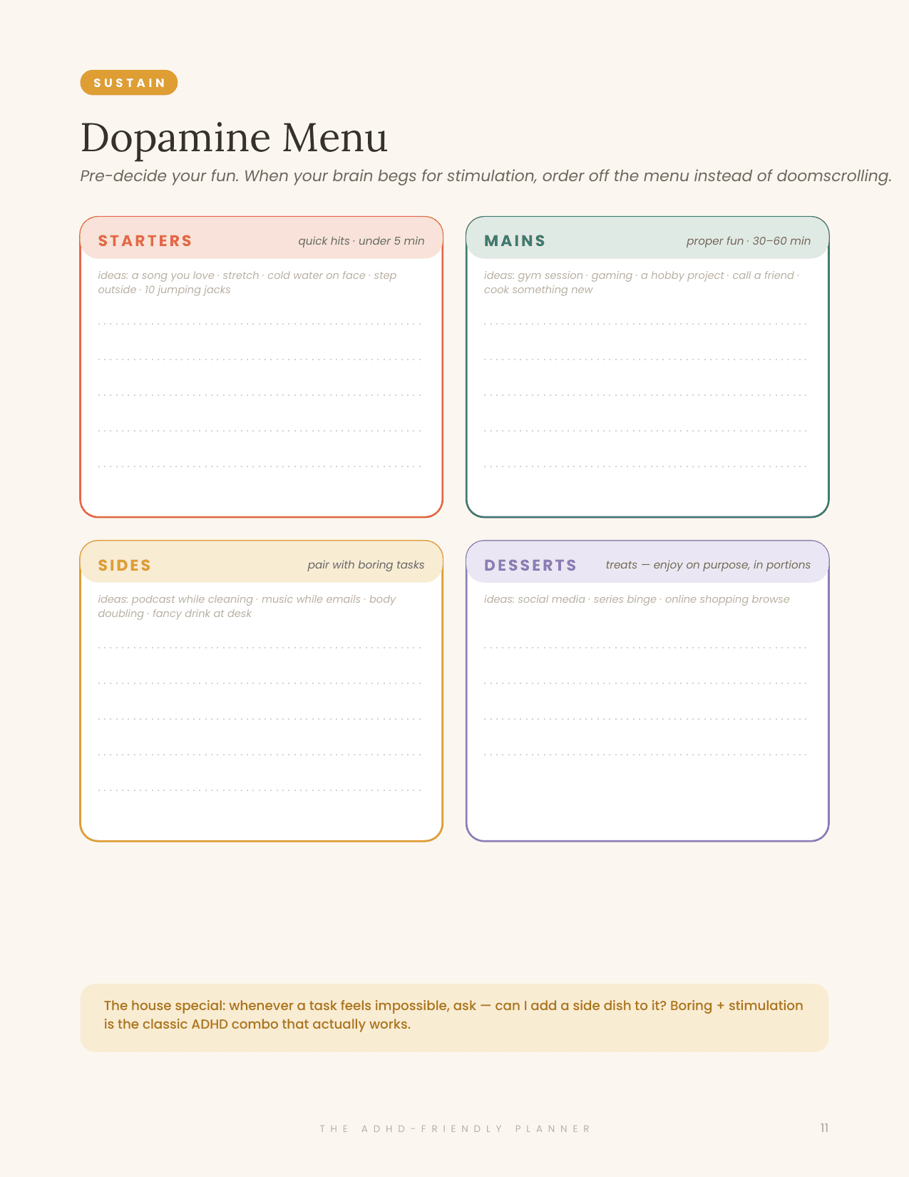Dopamine Menu — an actual page from the MindTidy ADHD planner