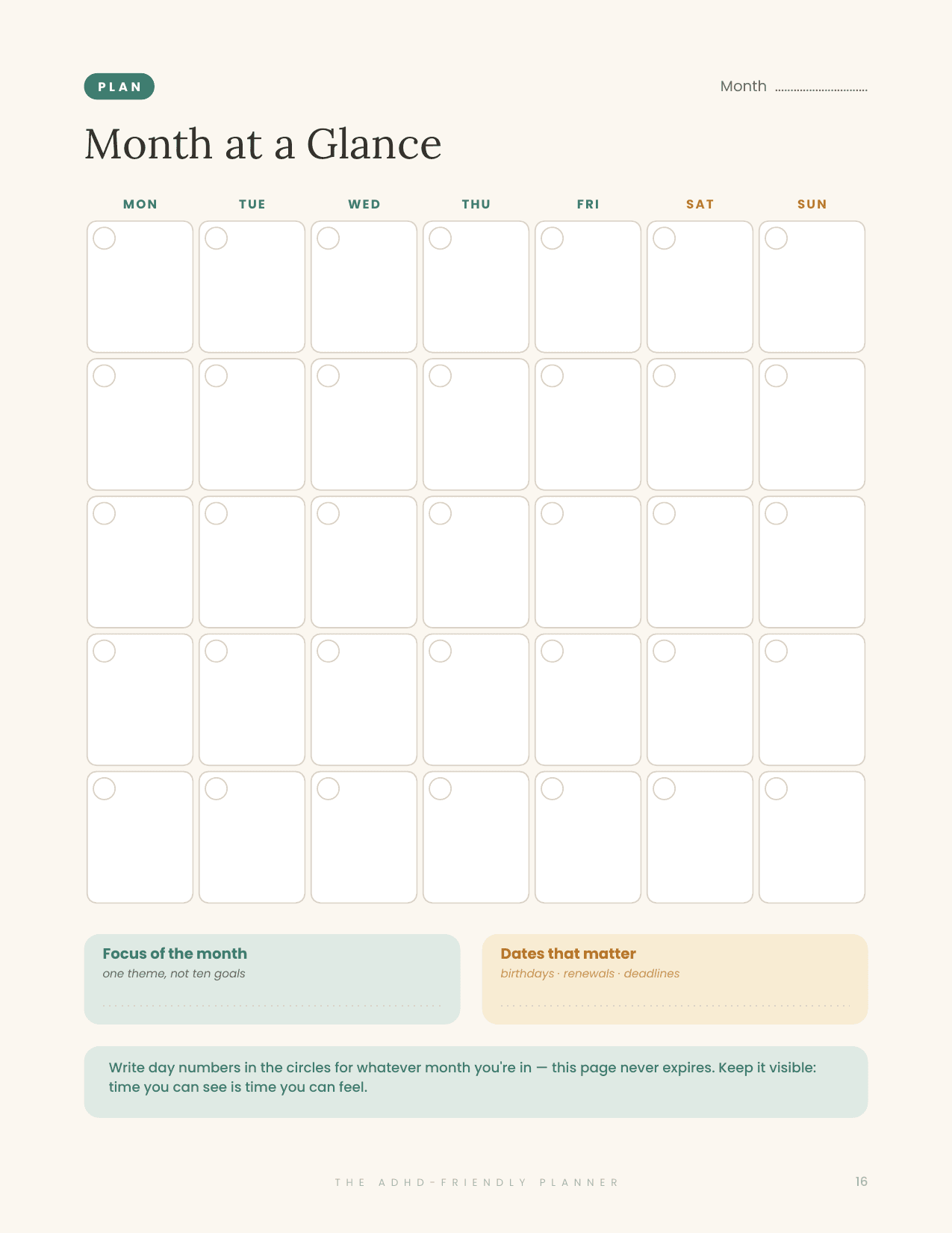 A real monthly page from the MindTidy ADHD planner — undated and calm
