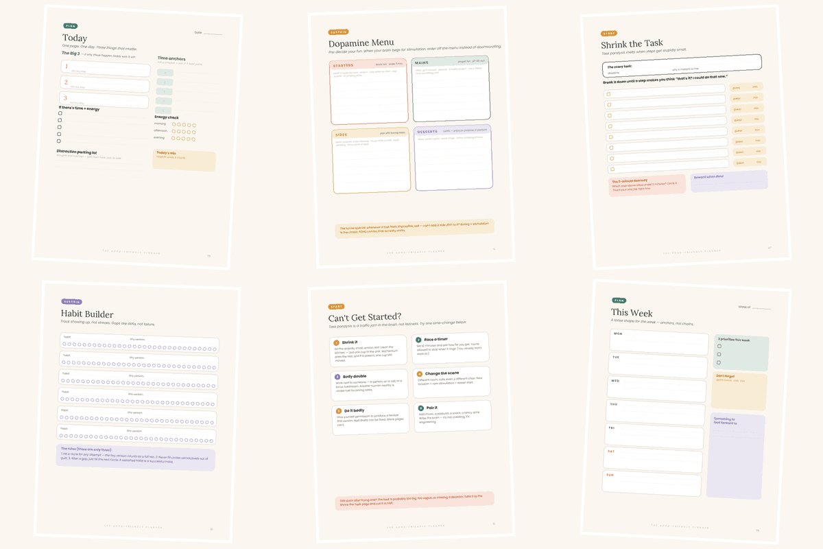 A collage of real pages from the MindTidy ADHD planner and its digital stickers