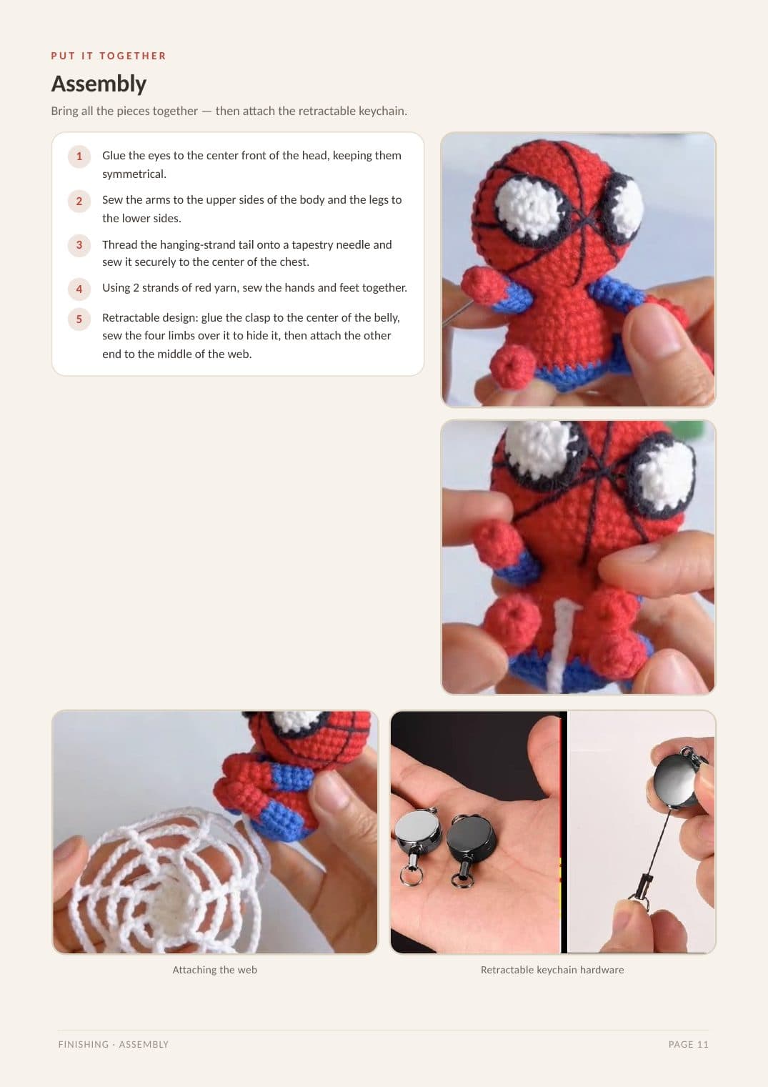 Assembly walk-through — sample page from the Mini Spider-Man Crochet Keychain pattern