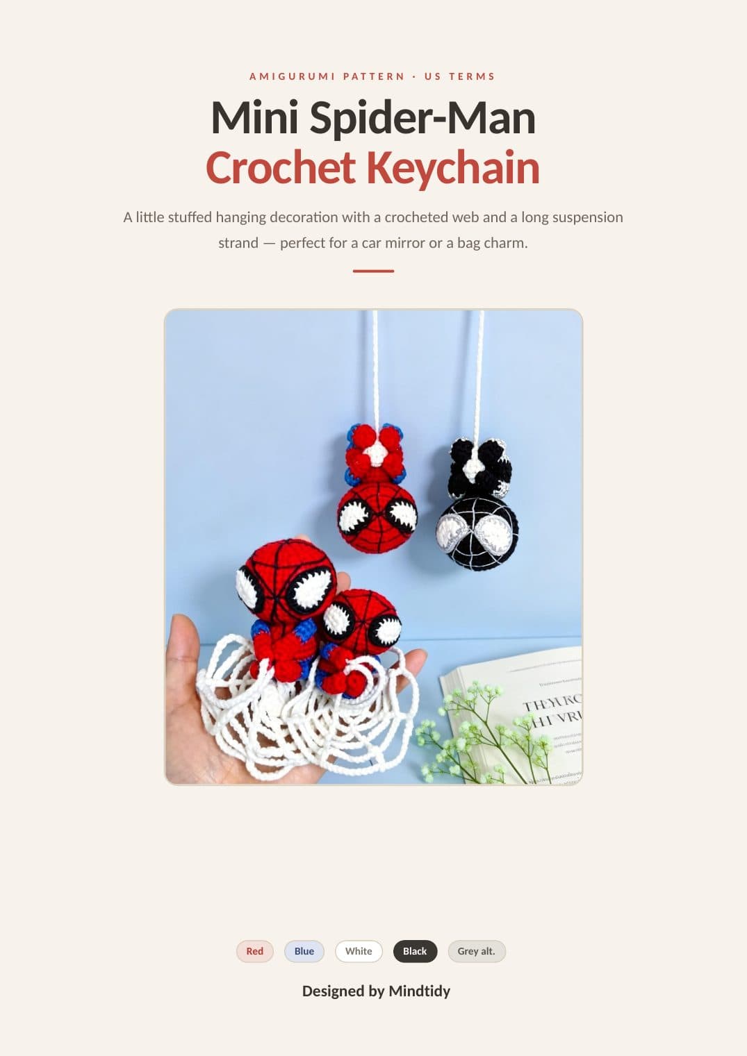 Cover of the Mini Spider-Man Crochet Keychain PDF pattern — a red-and-blue amigurumi keychain hanging with a crocheted white web